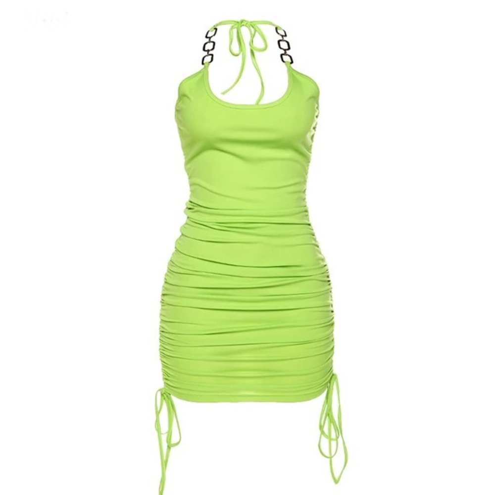Lime Halter Chain Ruched Dress